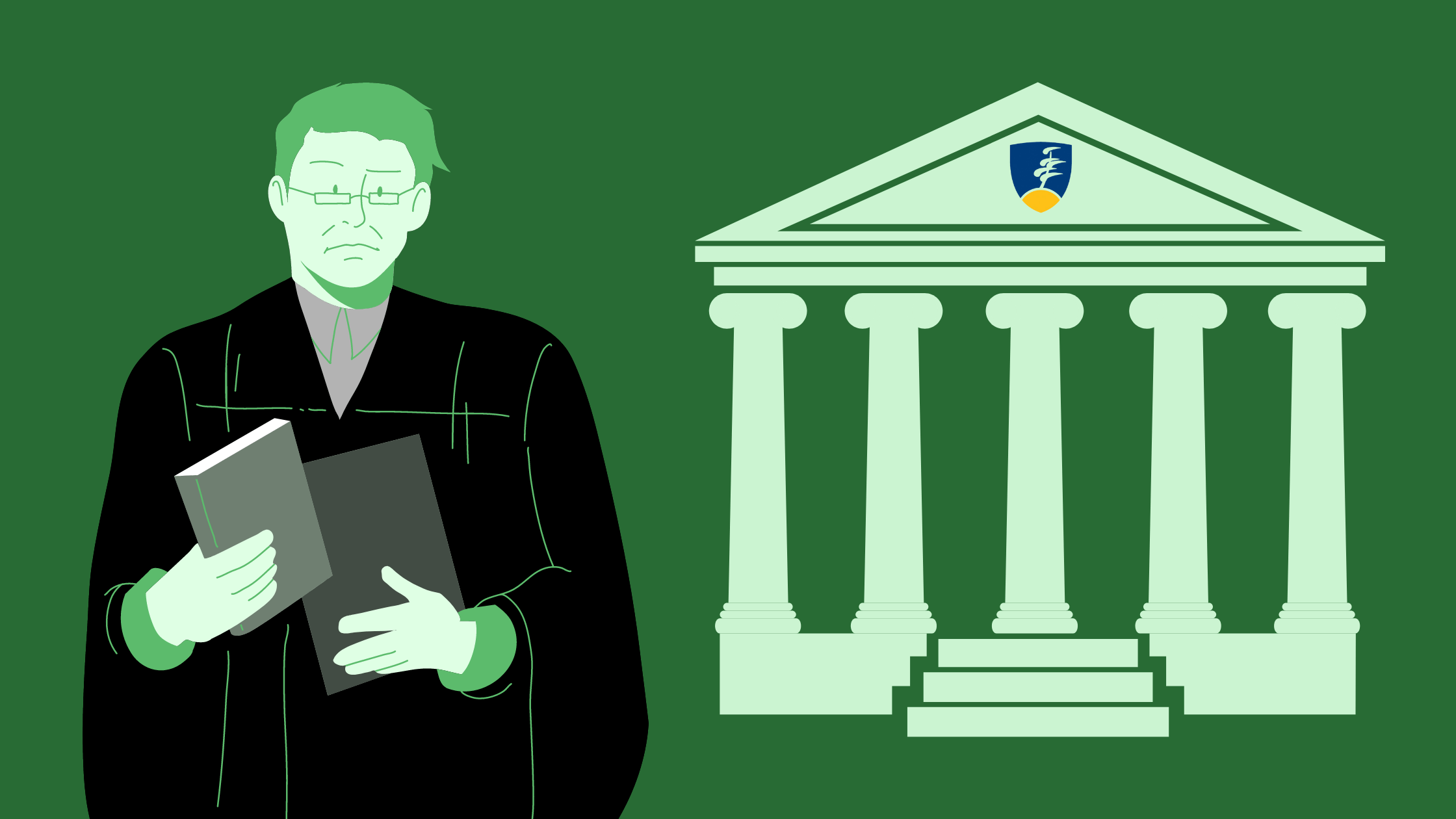 Illustration de l'Université Laurentienne, faisant face à une personne de loi en toge noire