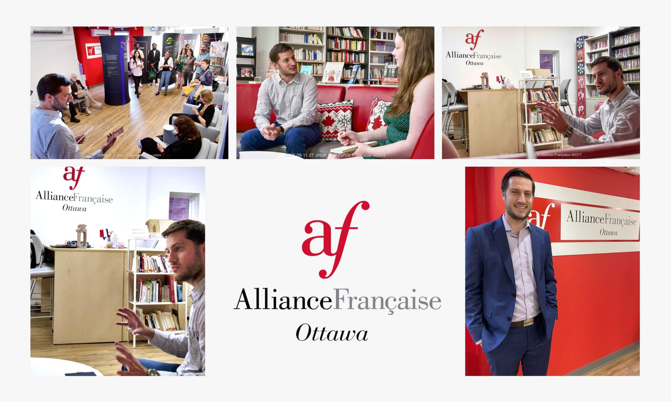 Montage des photos du directeur général de l'Alliance française d'Ottawa devant une étagère des livres, devant un mur rouge et entrain de parler avec des étudiant.e.s